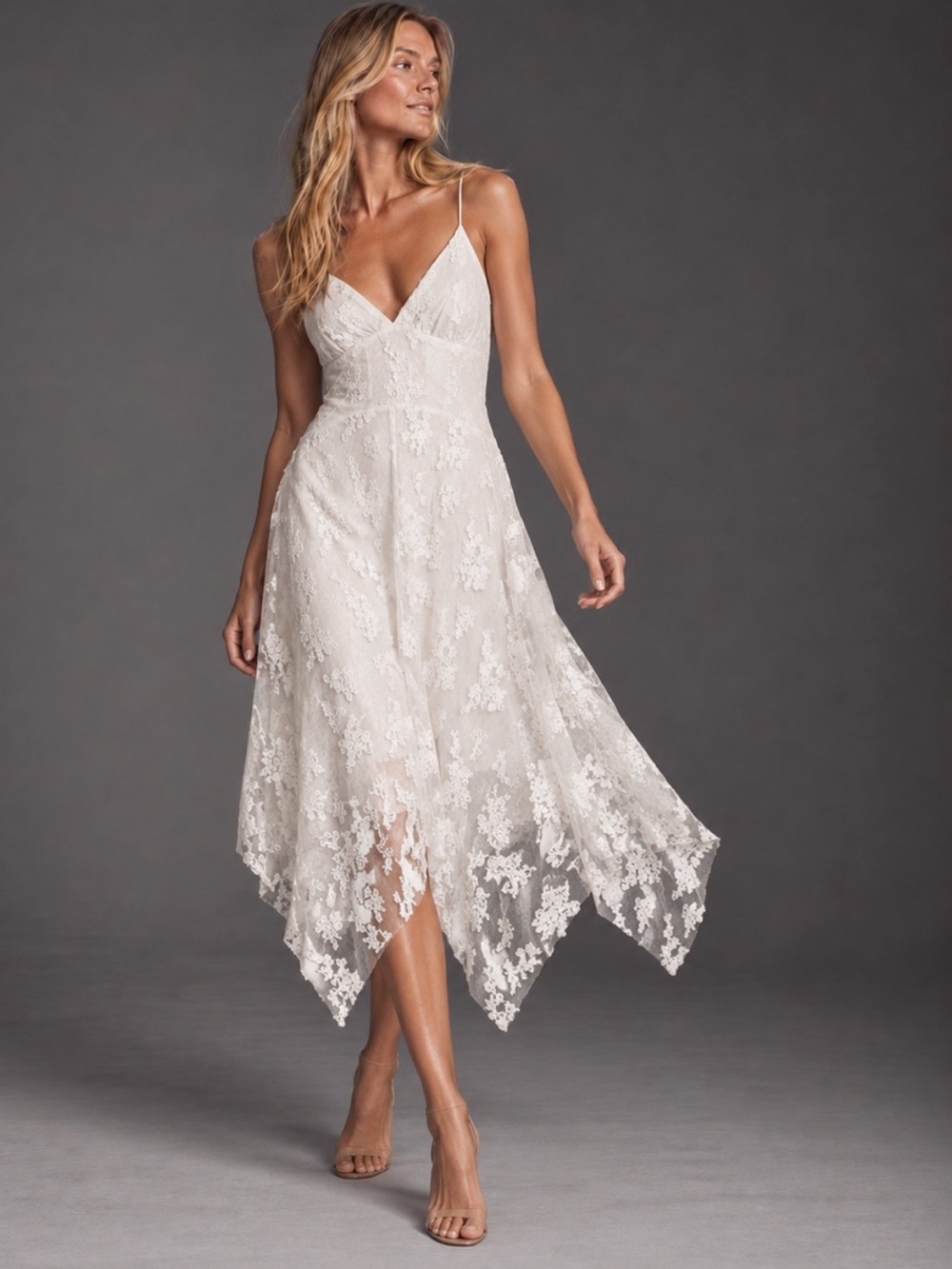 New Storia Lace Handkerchief Hem Midi Dress- Large